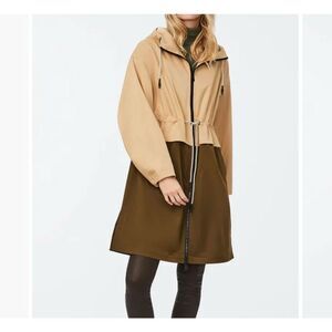 Bernardo Two-Tone Long Hooded Jacket Green Camel Women's Size Small